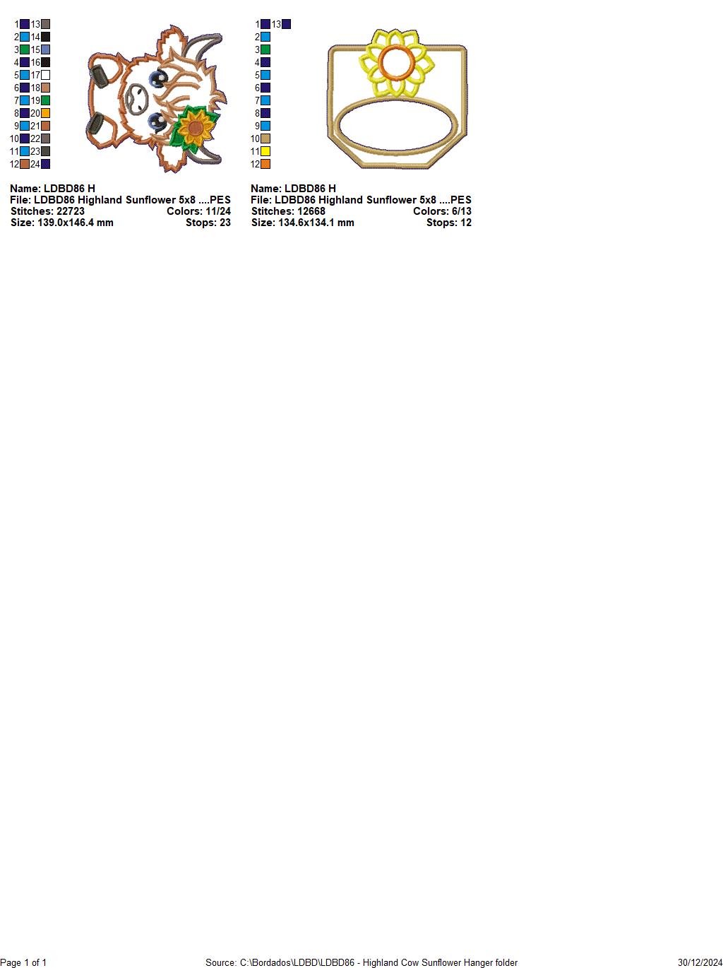 Highland Cow Sunflower Dish Cloth Hanger - ITH Project - Machine Embroidery Design