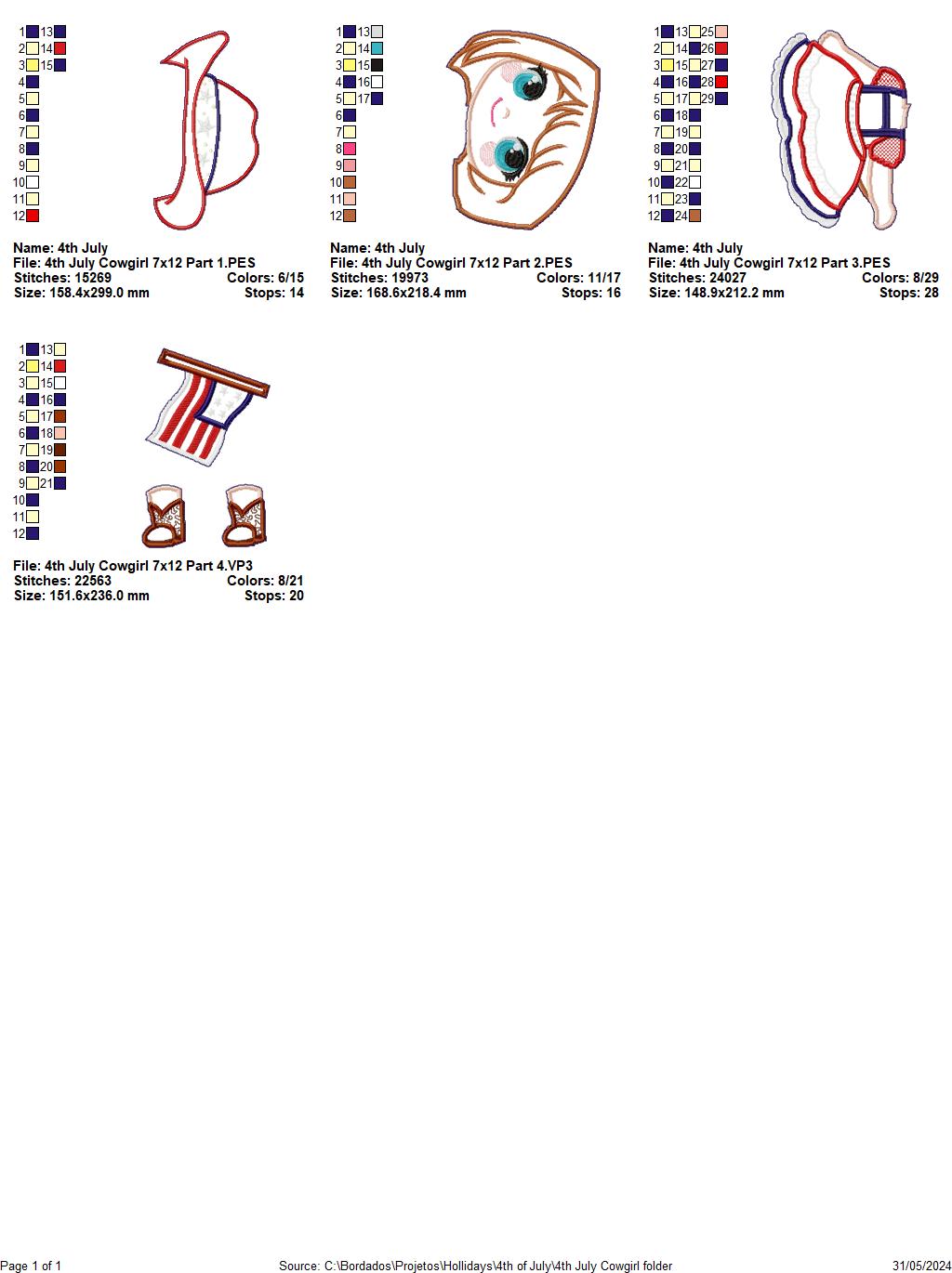 4th of July Cowgirl - ITH Project - Machine Embroidery Design