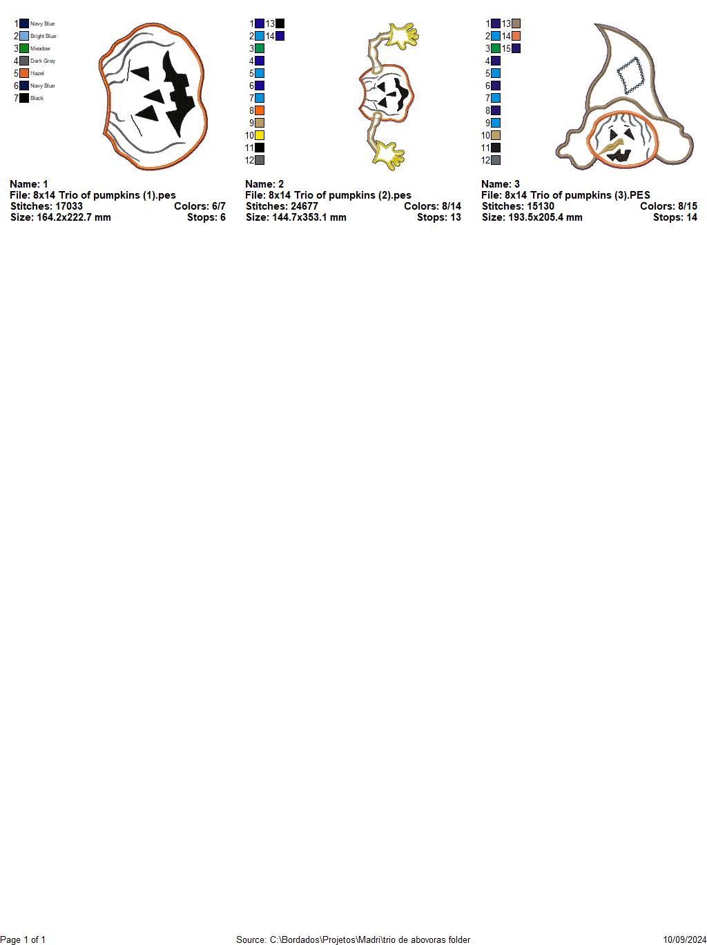 Trio of Pumpkins - ITH Project - Machine Embroidery Design