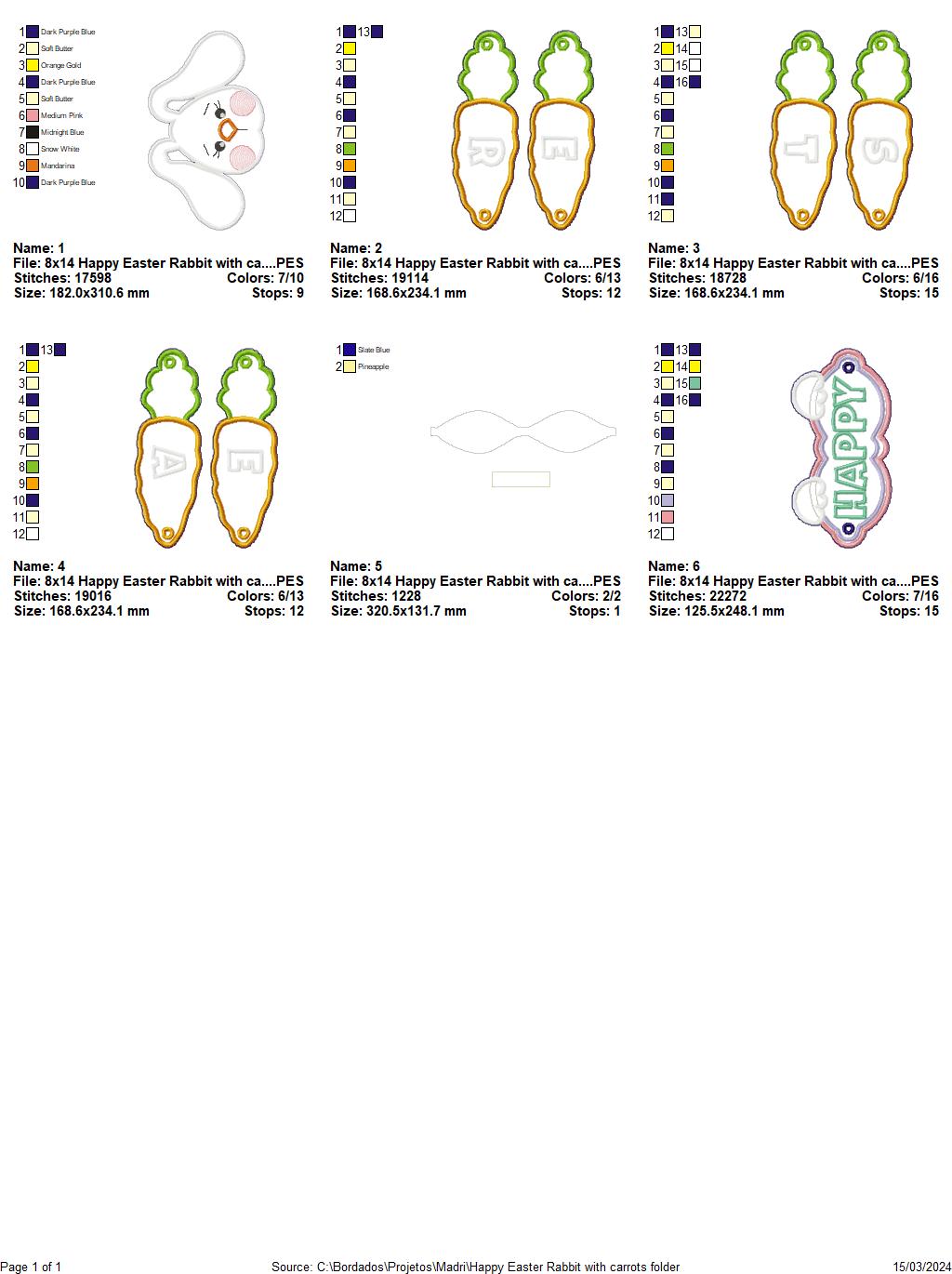 Happy Easter Rabbit with Carrots - ITH Project - Machine Embroidery Design