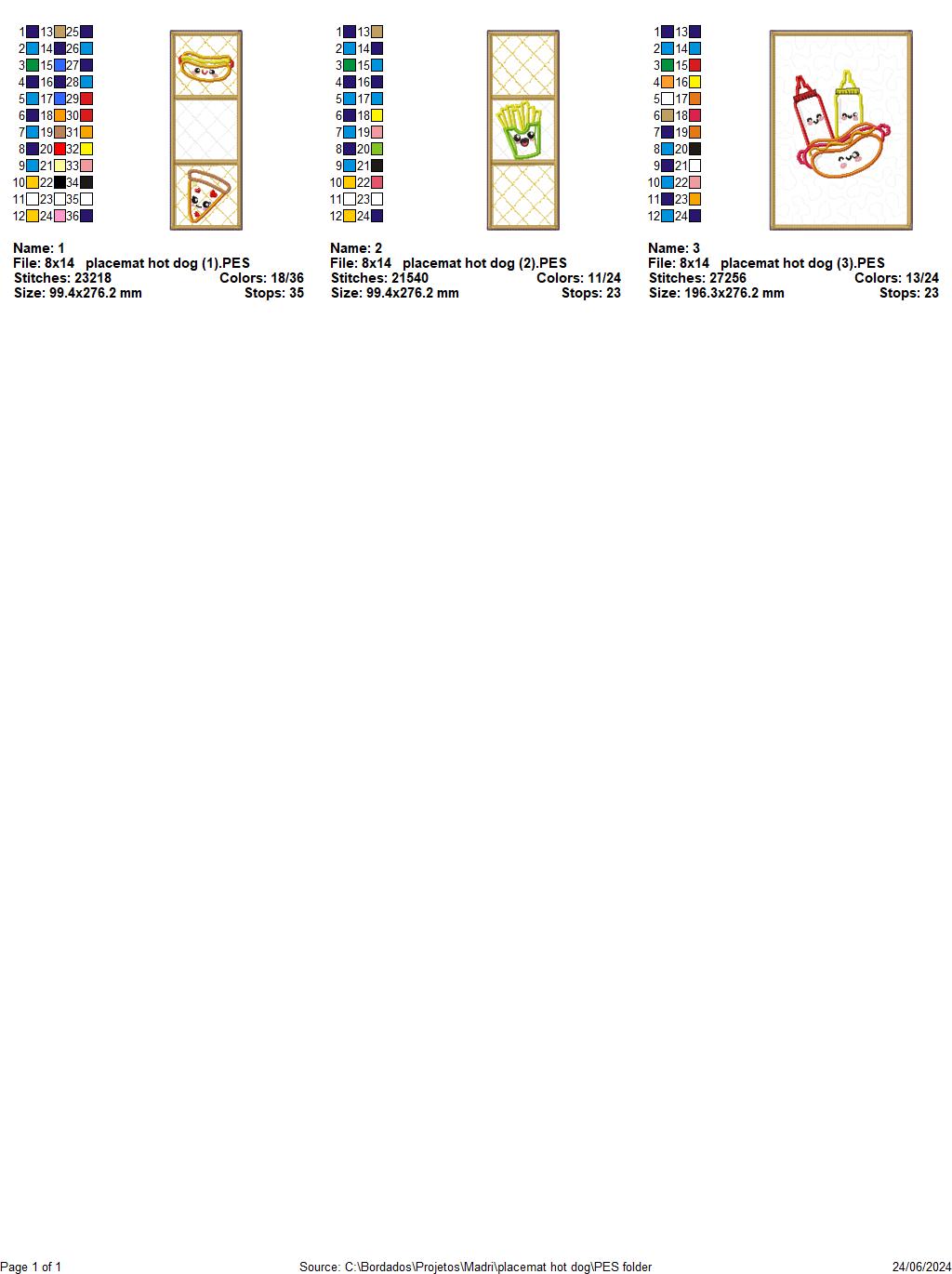 Placemat hot dog - ITH Project - Machine Embroidery Design