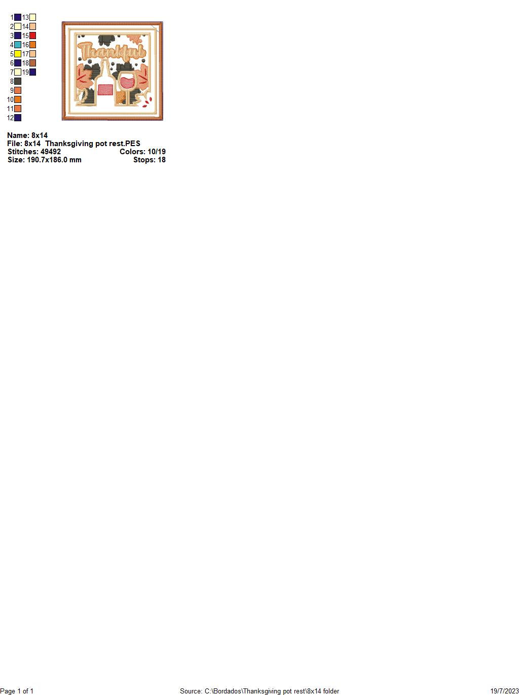 Thanksgiving Hot Pot Rest - ITH Project - Machine Embroidery Design