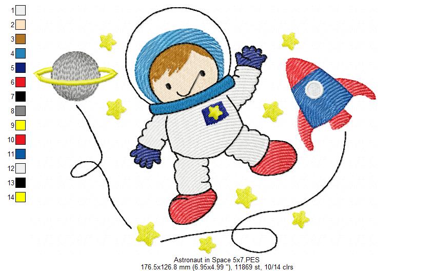 Cute Astronaut in Space – Sketch Stitch – Machine Embroidery Design