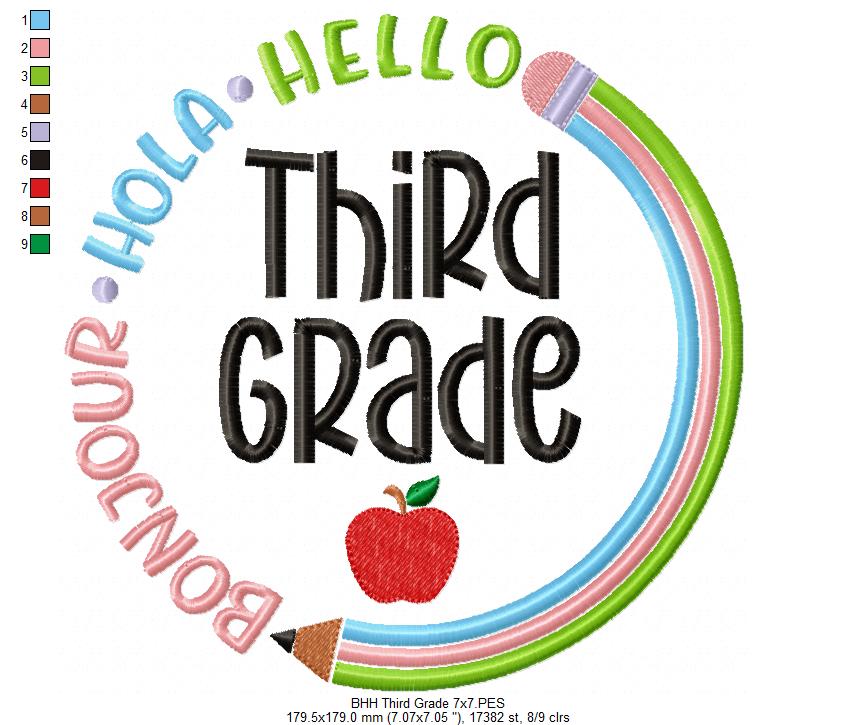 Bonjour Hola Hello Third Grade - Fill Stitch - Machine Embroidery Design