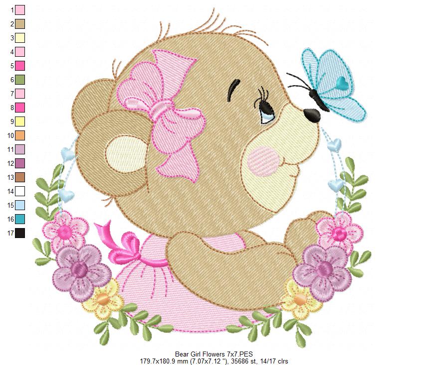 Bear Girl Flowers - Fill Stitch - Set of 3 Designs - Machine Embroidery Design