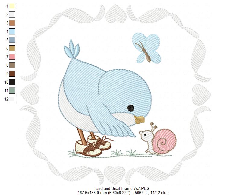 Cute Bird with Shoes and a Snail - Fill Stitch