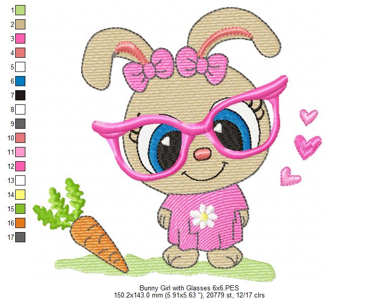 Cute Bunny Girl with Glasses and Carrot - Fill Stitch - Machine Embroidery Design