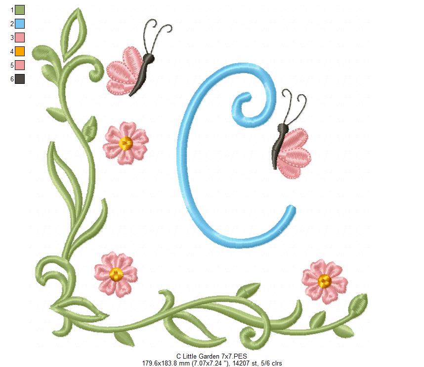 Little Garden Monogram C Letter C - Fill Stitch - Machine Embroidery Design