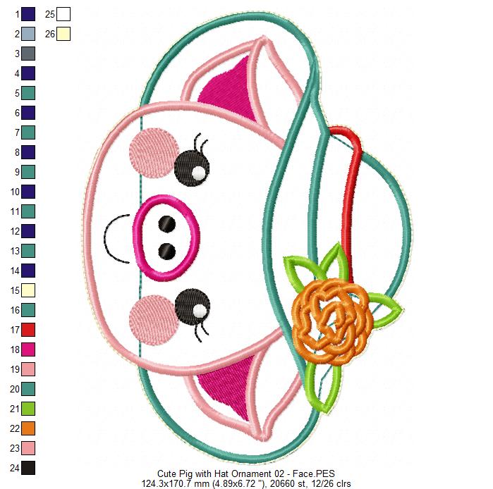 Pig with Hat Ornament - ITH Project - Machine Embroidery Design