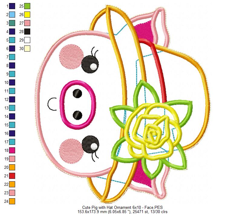 Pig with Hat Ornament - ITH Project - Machine Embroidery Design