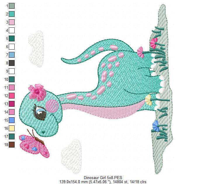 Dinosaur Girl and Butterfly - Rippled Stitch - Machine Embroidery Design