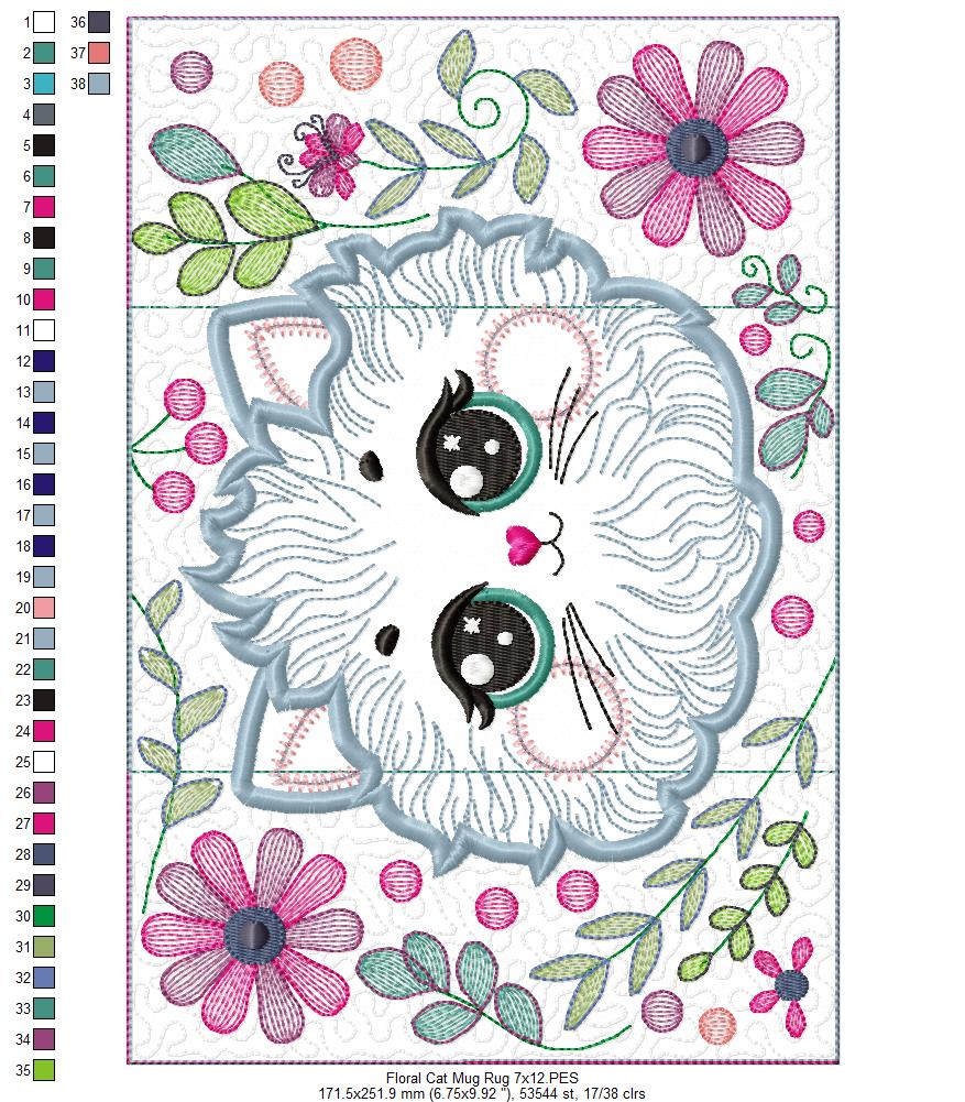 Floral Cat Mug Rug - ITH Project - Machine Embroidery Design