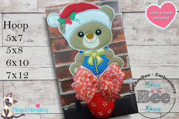 Christmas Bear Holding a Gift - ITH Project - Machine Embroidery Design