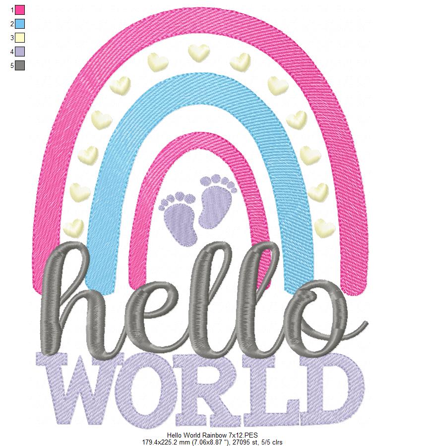 Hello World Rainbow - Rippled Stitch - Machine Embroidery Design