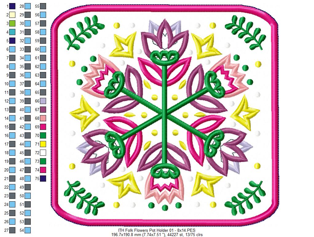 Folk Flowers Hot Pot Rest - ITH Project - Machine Embroidery Design