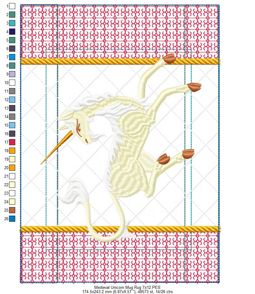 Medieval Unicorn Mug Rug - ITH Project - Machine Embroidery Design