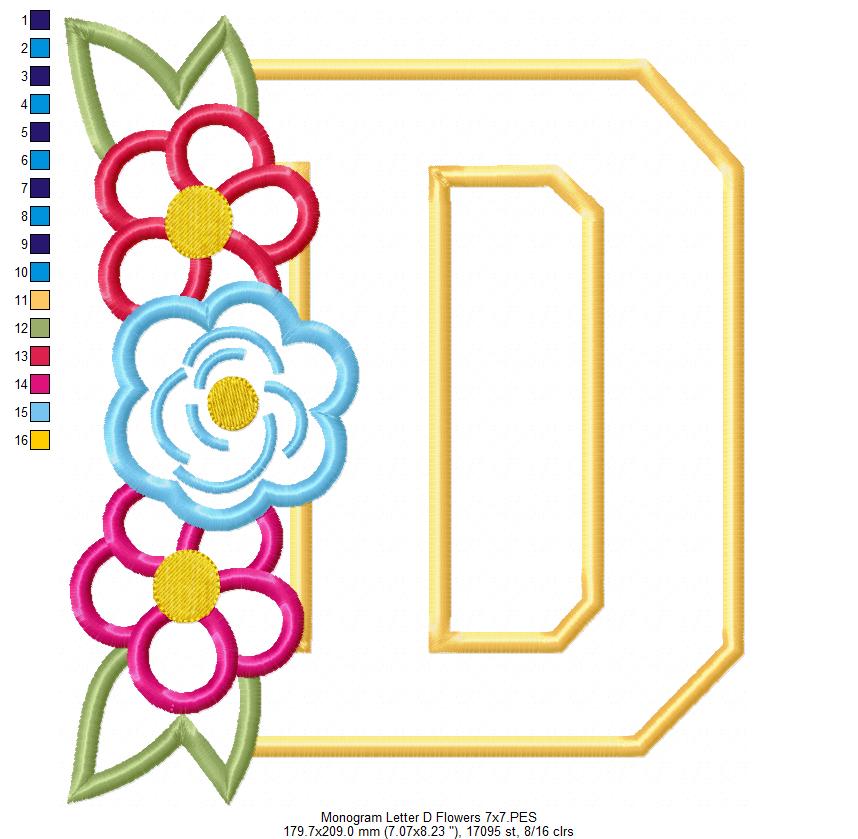Lovely Flowers Monogram D - Applique - Machine Embroidery Design