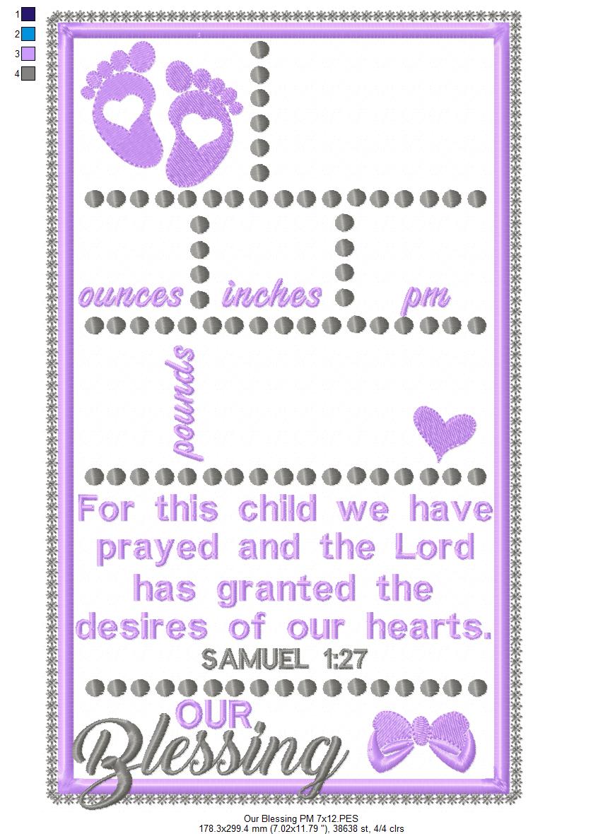 Baby Girl Our Blessing Birth Announcement Template - Applique - Machine Embroidery Design