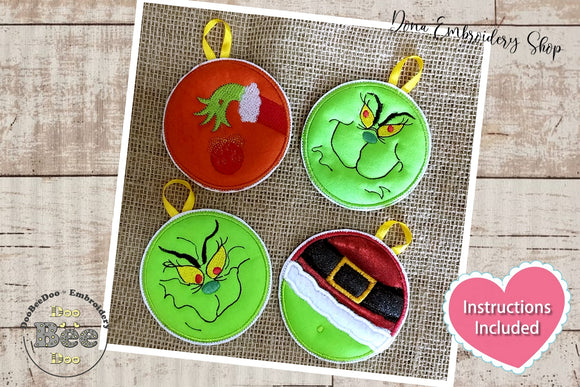 The Grinch Tree Ornaments - Set of 4 Designs - ITH Project - Machine Embroidery Design