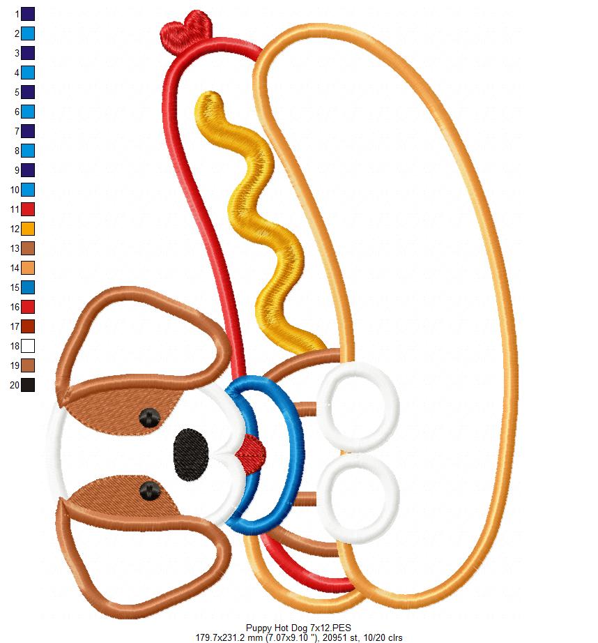 Puppy with Hot Dog - Applique - Machine Embroidery Design