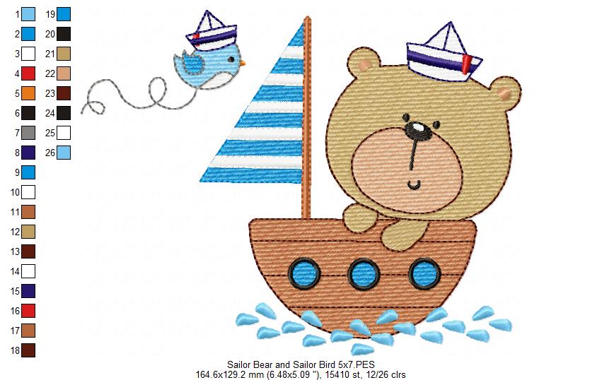 Sailor Bear and Sailor Bird - Fill Stitch Embroidery