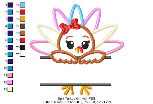 Split Thanksgiving Turkey Girl - Applique Embroidery