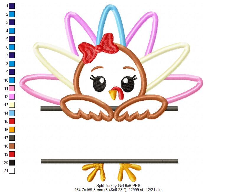 Split Thanksgiving Turkey Girl - Applique Embroidery