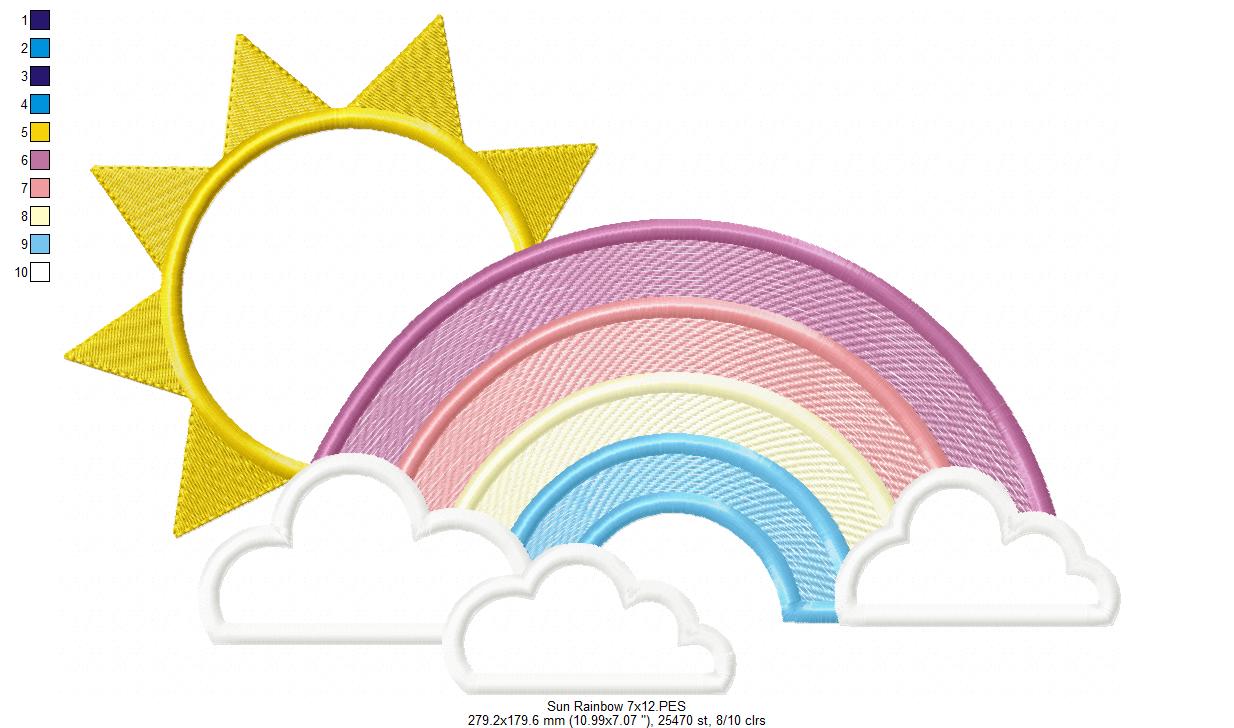 Sun, Rainbow and Clouds - Applique - Machine Embroidery Design