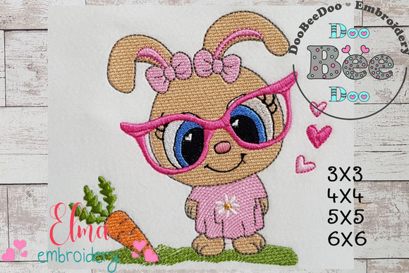 Cute Bunny Girl with Glasses and Carrot - Fill Stitch - Machine Embroidery Design