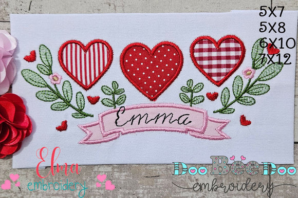 Three Hearts Trio, Flowers and Banner - Applique - Machine Embroidery Design