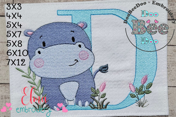 Hippo Monogram D Letter D - Fill Stitch Embroidery