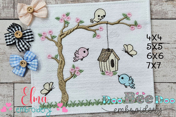 Tree and Birds - Fill Stitch - Machine Embroidery Design