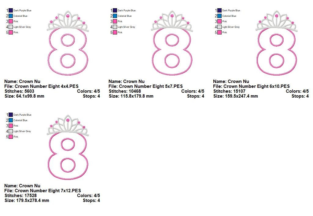 Princess Crown Number Eight - Applique Stitch - Machine Embroidery Design