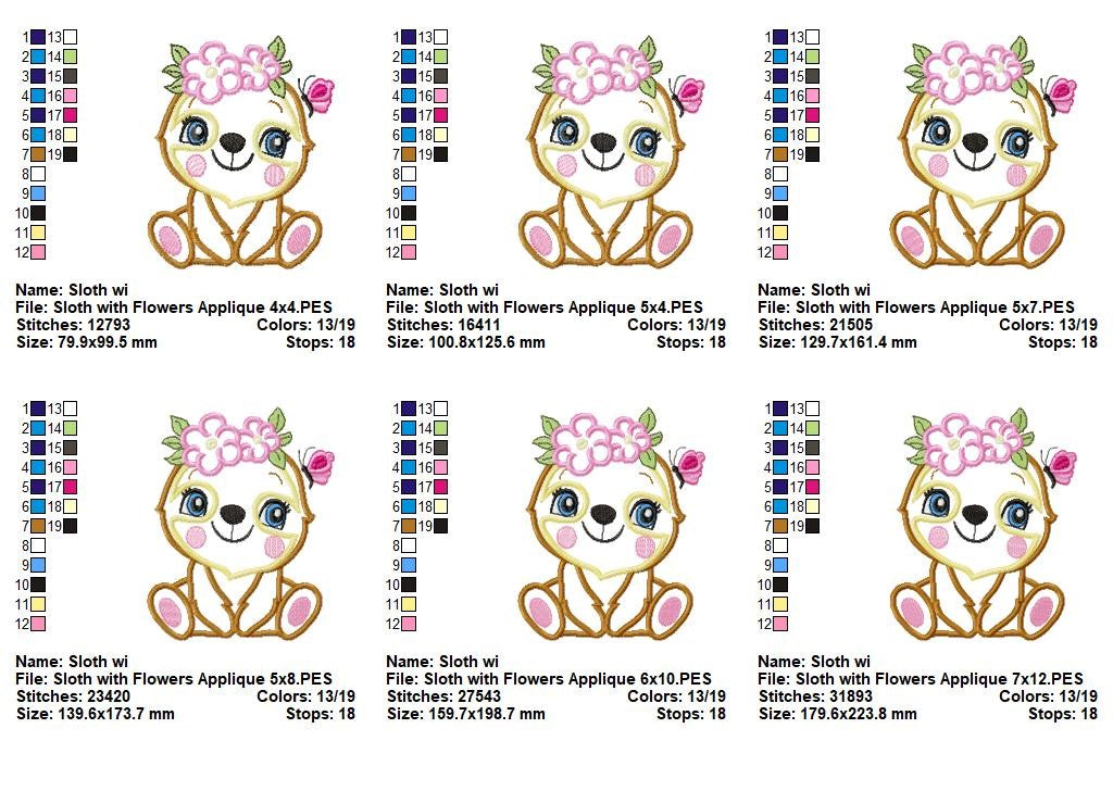 Floral Baby Sloth - Appliqué - Machine Embroidery Design