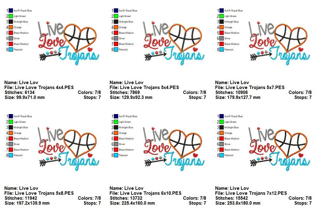 Live Love Trojans Basketball Heart - Appliqué - Machine Embroidery Design