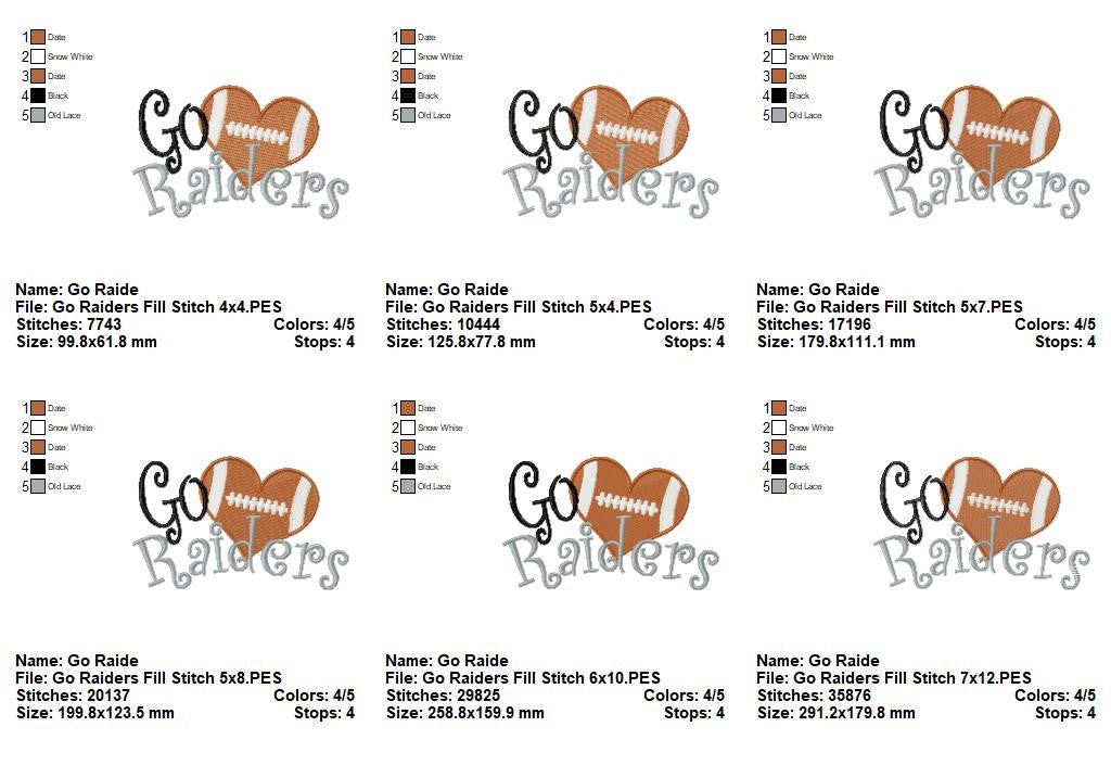 Go Raiders Football Heart – Fill Stitch – Machine Embroidery Design