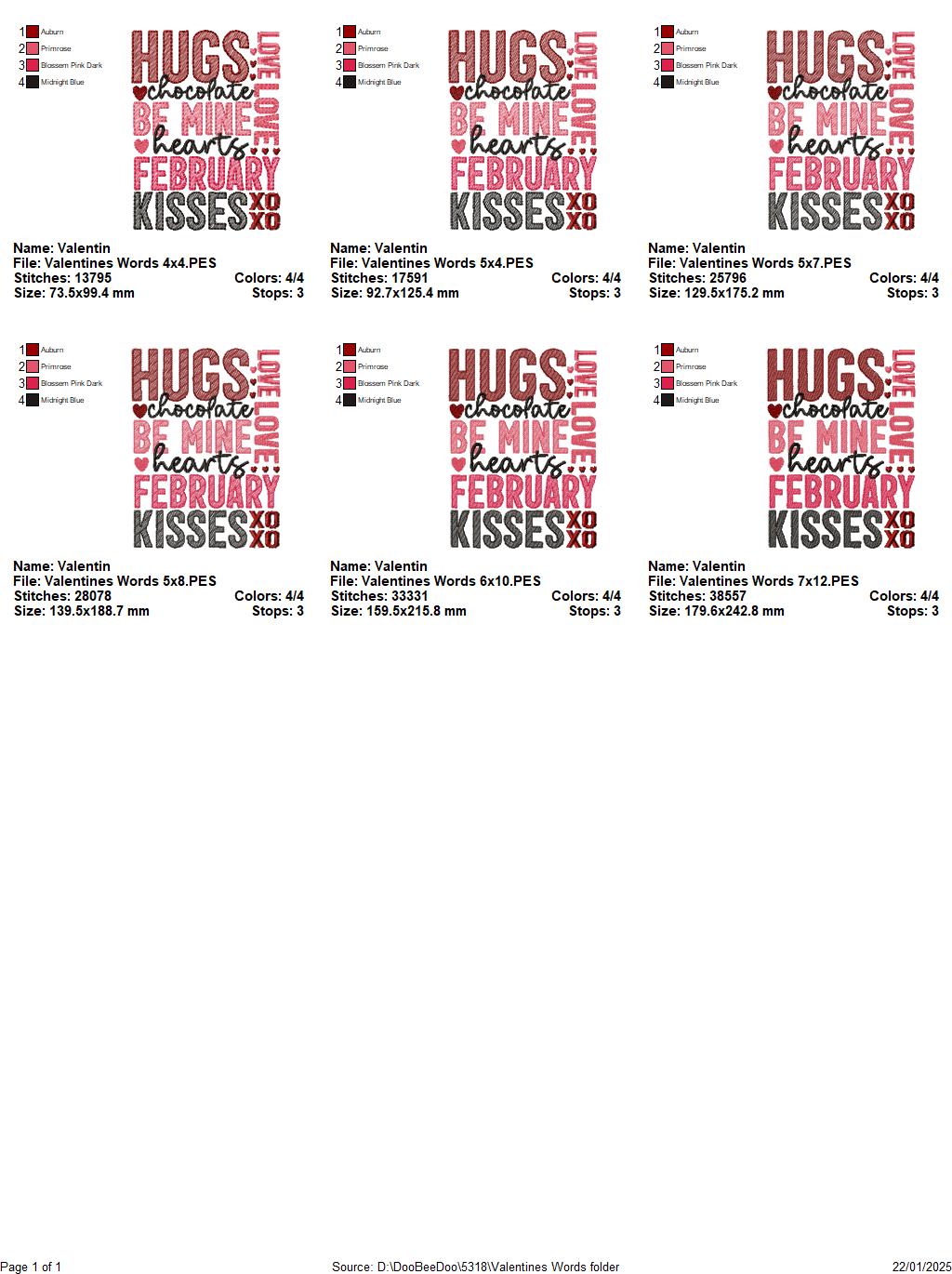 Valentine's Words - Fill Stitch - Machine Embroidery Design