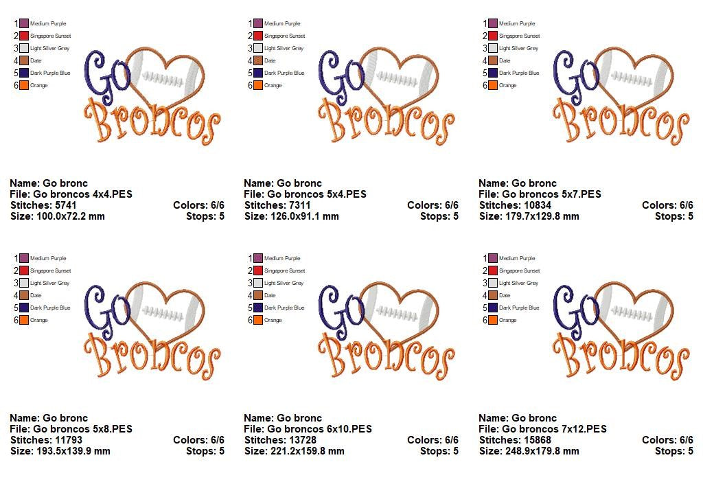 Go Broncos Football Heart – Appliqué – Machine Embroidery Design
