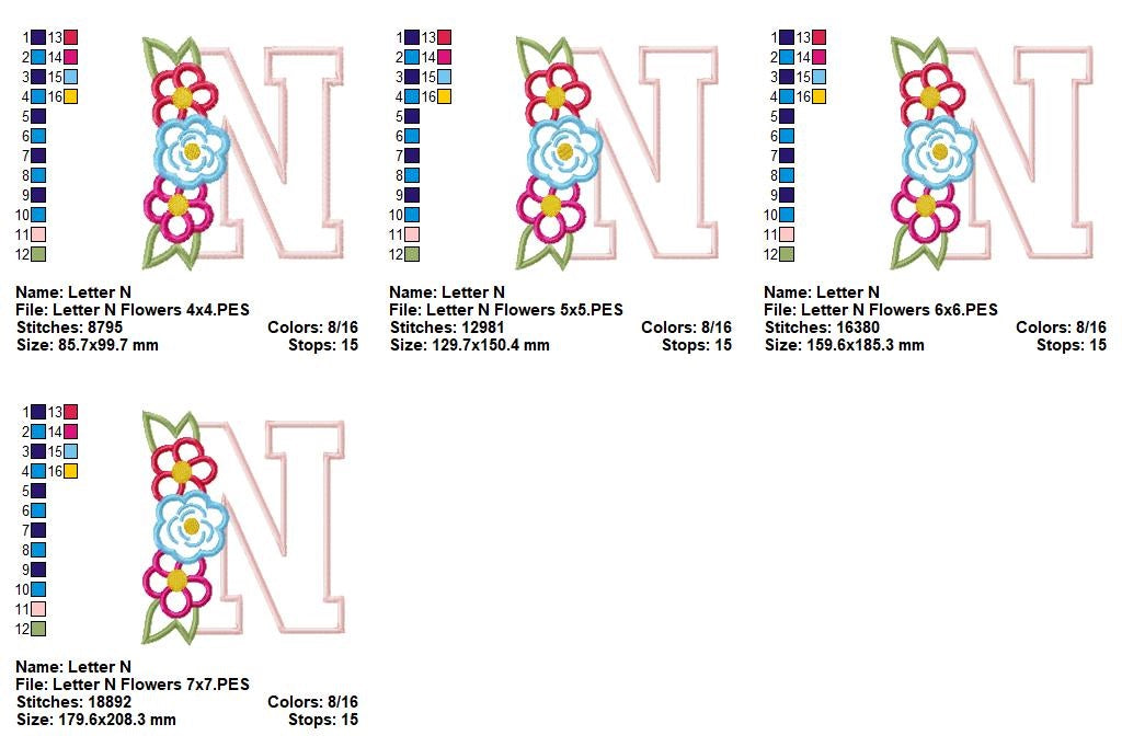 Monogram N and Flowers - Applique - Machine Embroidery Design