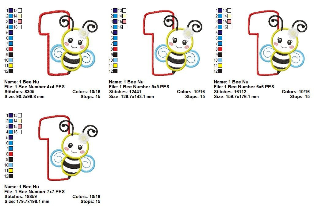 ๐ Number 1 with Cute Bumblebee โ Applique โ Machine Embroidery Design ๐