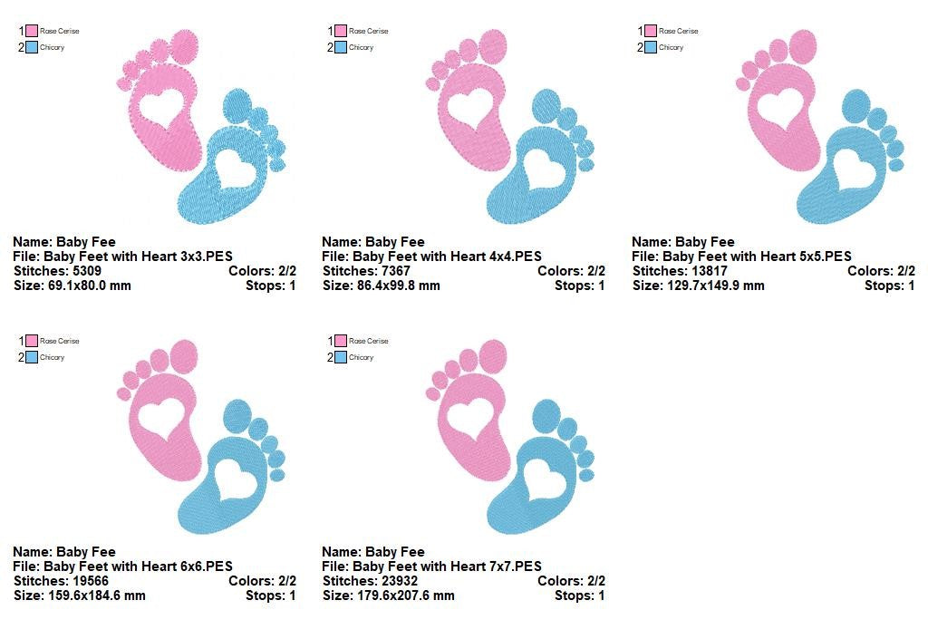 Tiny Baby Feet with Hearts - Fill Stitch - Machine Embroidery Design