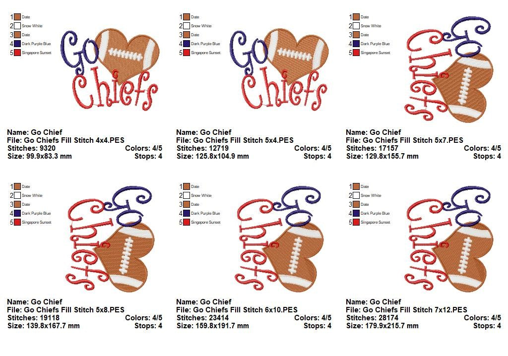 Go Chiefs Football Heart – Fill Stitch – Machine Embroidery Design