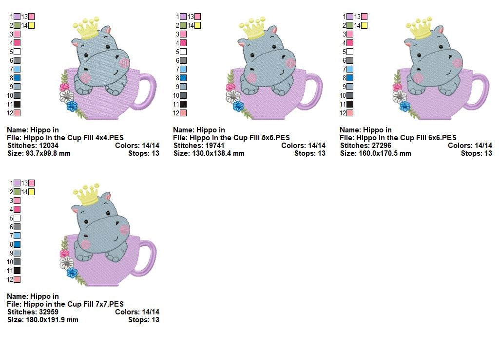Little Hippo in Teacup - Fill Stitch - Machine Embroidery Design