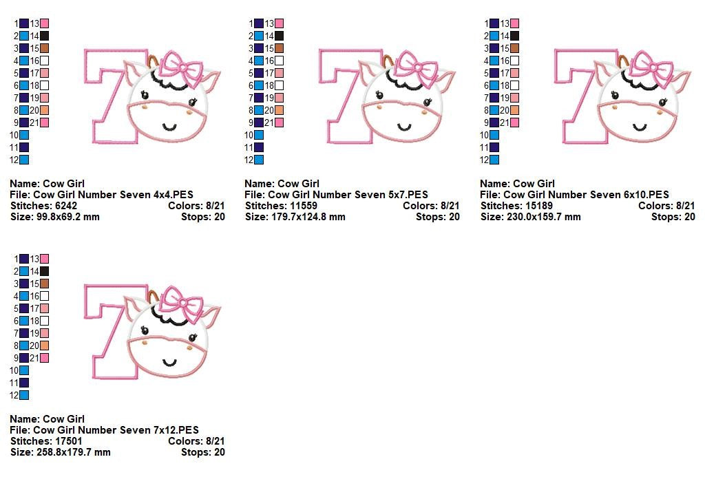 Sweet Cow Number Seven - Applique - Machine Embroidery Design
