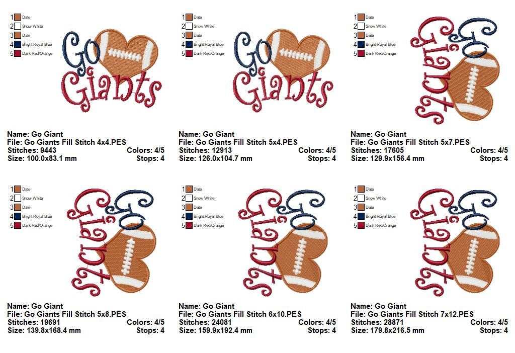 Go Giants Football Heart – Fill Stitch – Machine Embroidery Design