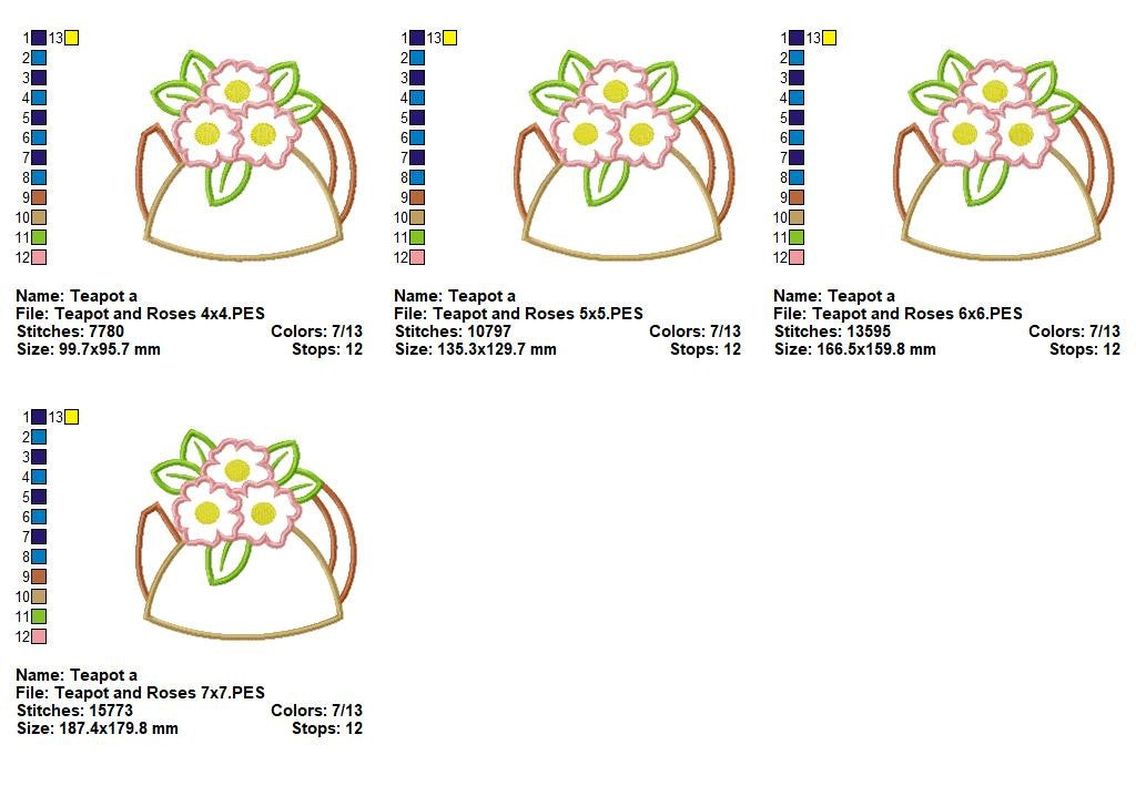Floral Teapot with Roses - Appliqué - Machine Embroidery Design