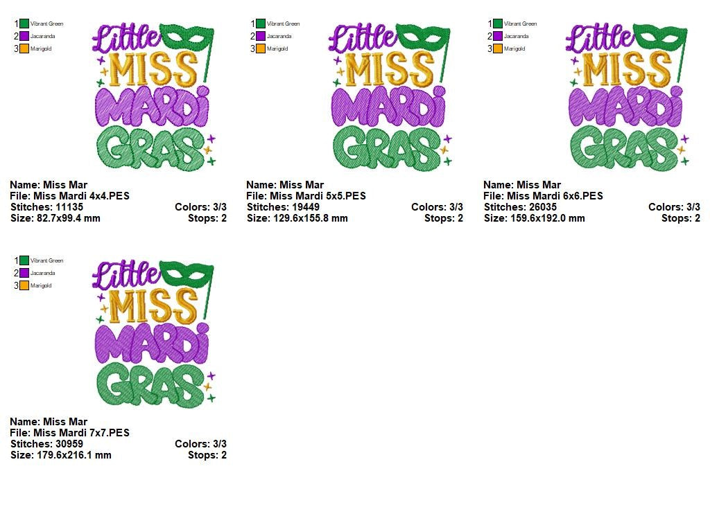 Little Miss Mardi Gras - Fill Stitch - Machine Embroidery Design