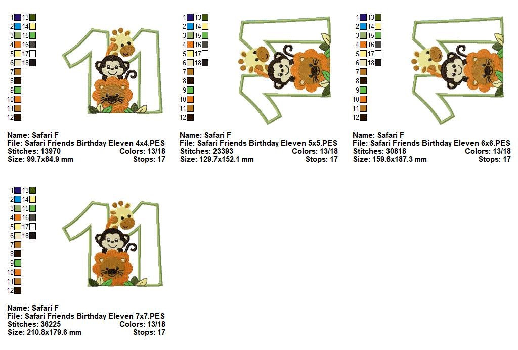 Safari Birthday Numbers 1-11 - Applique - Machine Embroidery Design