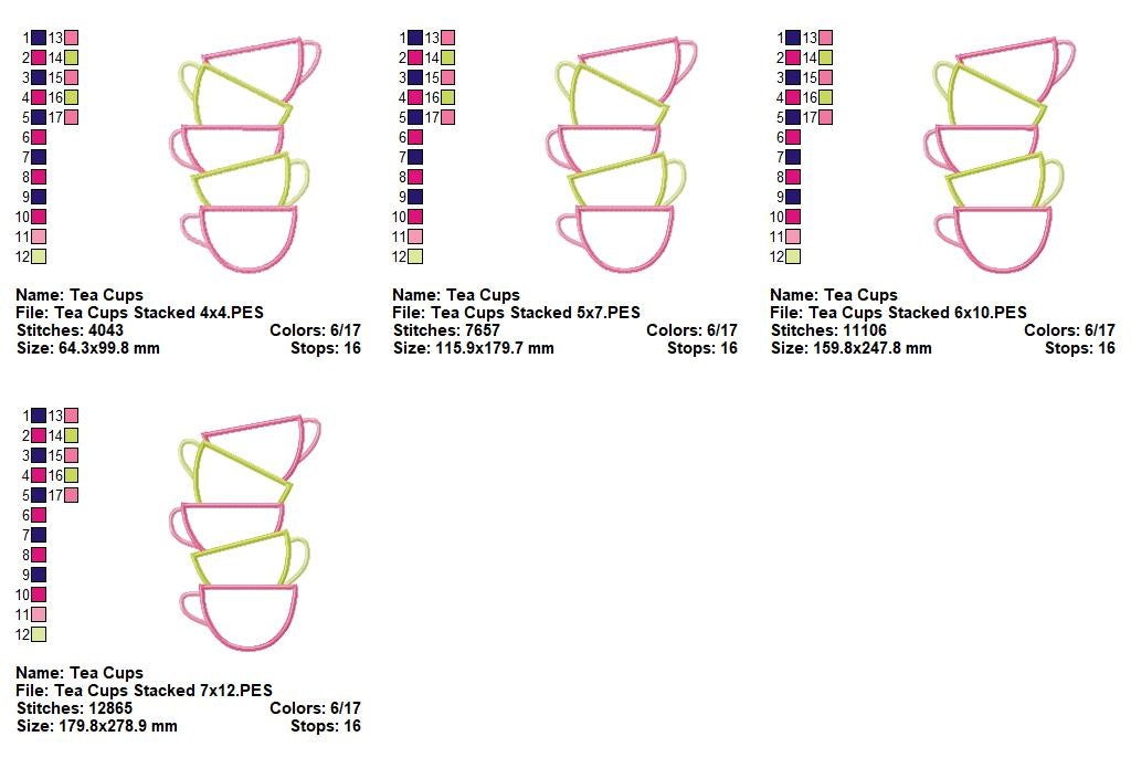 Stacked Tea Cups - Appliqué - Machine Embroidery Design