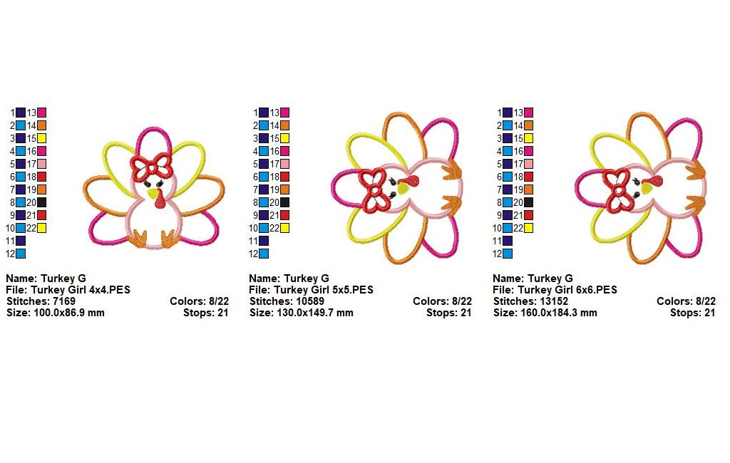 Cute Turkey Girl – Appliqué – Machine Embroidery Design